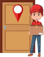 Delivery man holding a package in front of the door vector