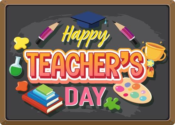 Happy Teacher's Day with a female teacher pointing on chalkboard