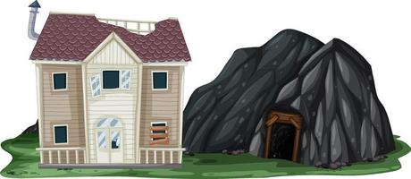 An abandoned house with a rock cave on white background vector