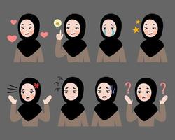 avatar de niña musulmana con varias expresiones ilustración vector
