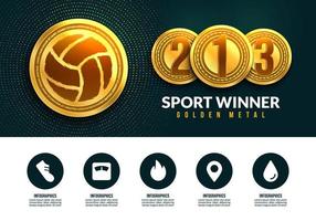 Gold medal of volleyball for winner with infographic icons, Sport winning medals for first second and third place banner vector