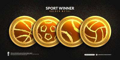 Set of Sport winning golden medals, volleyball, football, tenins, basketball, Realistic medalsfor  First Second Third Placement Achievement vector