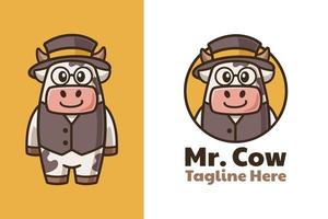 Cartoon Cow Wear Suit Vest Logo Design vector