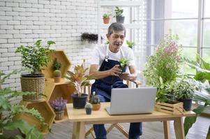 Senior man entrepreneur working with laptop presents houseplants during online live stream at home, selling online concept