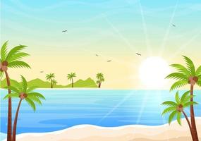 paisaje de amanecer del mar sobre el océano de la escena de la mañana con nubes, superficie de agua, palmera y playa en una ilustración de fondo plano para el banner vector