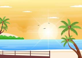 paisaje de amanecer del mar sobre el océano de la escena de la mañana con nubes, superficie de agua, palmera y playa en una ilustración de fondo plano para el banner vector