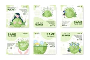 guardar el entorno de diseño plano de plantilla de publicación de planeta tierra con ilustración editable ecológica fondo cuadrado para redes sociales o tarjeta de felicitación vector