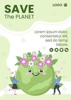 Save Planet Earth Flyer Template Flat Design Environment With Eco Friendly Editable Illustration Square Background to Social Media or Greeting Card vector