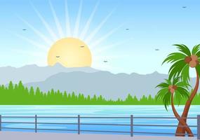 paisaje de amanecer del mar sobre el océano de la escena de la mañana con nubes, superficie de agua, palmera y playa en una ilustración de fondo plano para el banner vector