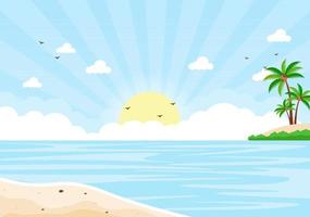 paisaje de amanecer del mar sobre el océano de la escena de la mañana con nubes, superficie de agua, palmera y playa en una ilustración de fondo plano para el banner vector