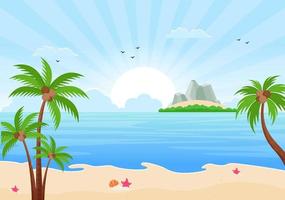 paisaje de amanecer del mar sobre el océano de la escena de la mañana con nubes, superficie de agua, palmera y playa en una ilustración de fondo plano para el banner vector