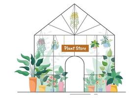 tienda de flores y tienda de plantas con cuidado de floristas, productos naturales orgánicos para la decoración verde del jardín en la ilustración vectorial de fondo plano vector