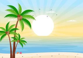 Sea Sunrise Landscape Above Morning Scene Ocean with Clouds, Water Surface, Palm Tree and Beach in Flat Background Illustration for Banner vector