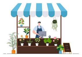 Flowers Store and Plants Shop with Florists Care, Organic Natural Products for Home Garden Green Decoration in Flat Background Vector Illustration