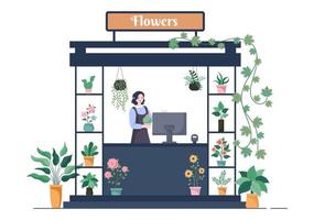 tienda de flores y tienda de plantas con cuidado de floristas, productos naturales orgánicos para la decoración verde del jardín en la ilustración vectorial de fondo plano vector