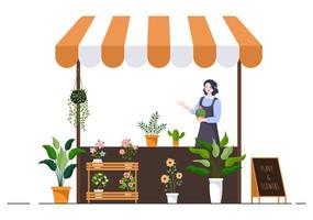 tienda de flores y tienda de plantas con cuidado de floristas, productos naturales orgánicos para la decoración verde del jardín en la ilustración vectorial de fondo plano vector