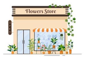 tienda de flores y tienda de plantas con cuidado de floristas, productos naturales orgánicos para la decoración verde del jardín en la ilustración vectorial de fondo plano