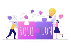 el problema y la solución en la resolución de negocios para buscar ideas con el concepto de trabajo en equipo pueden usarse para banner web o ilustración plana de fondo vector