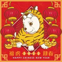 lindo perro chihuahua con traje de tigre con dinero y linterna roja para celebrar el año nuevo chino vector