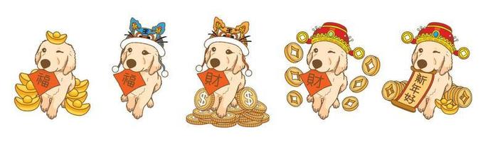 5 lindos perros golden retriever con un sombrero de tigre y el sombrero del dios de la fortuna para celebrar el año nuevo chino vector
