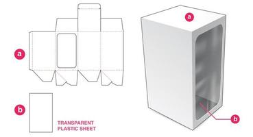 caja de cartón con ventana en la pared lateral y plantilla troquelada de lámina de plástico vector