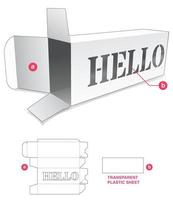 Long box with stenciled HELLO word and transparent plastic sheet die cut template vector