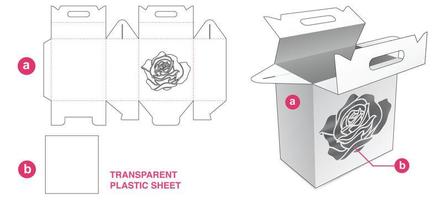 caja con asa de cartón con rosa estampada y plantilla troquelada de lámina de plástico vector