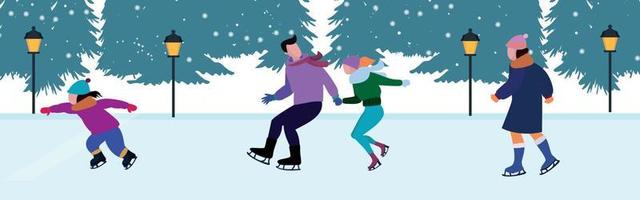 Crowd of active cartoon people ice skating on rink vector flat illustration. Man, woman, children, family and couple outdoors activity isolated on white. Colorful person in seasonal outerwear