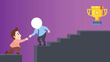 Business man helping a man climb up a stairs of success. trusted partnership or team collaboration concept. vector