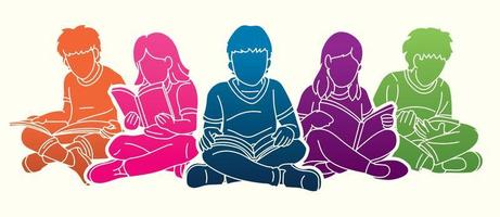 grupo de niños leyendo libros juntos vector