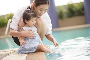 A Happy Asian mother and daughter are enjoy swimming in pool , lifestyle, parenthood, family concept photo