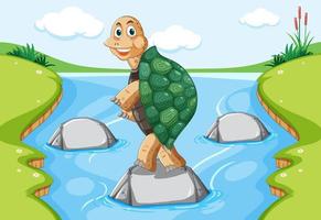 Turtle with green shell standing on a rock in the forest vector