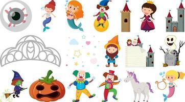 Set of isolated fairytale cartoon characters and objects vector