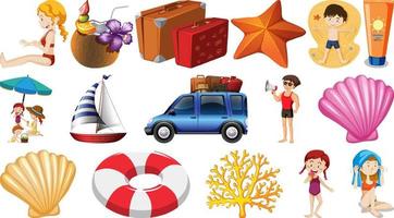 Set of summer beach objects and cartoon characters vector