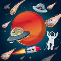 Outer space scene with astonaut and alien in cartoon style vector