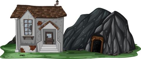 An abandoned house with a rock cave on white background vector