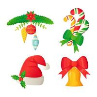 conjunto de elementos navideños bastón de caramelo sombrero de navidad rama de árbol bolas adornadas arcos y acebo vector