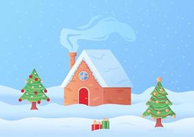 Christmas landscape cozy house in snow with smoked chimney in cartoon style vector