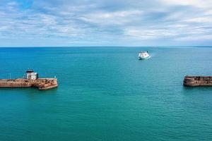 Aerial view of the Dover harbor with many ferries photo