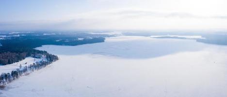 Aerial view of winter landscape, Panorama of the frozen lake in the middle of a forest. Winter wonderland. photo