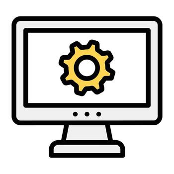 computadora de escritorio con equipo dentro que muestra el icono de configuración del sistema vector