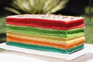 Birthday background - striped rainbow cake with white frosting photo