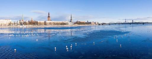 Beautiful view of the frozen river with sea gulls sitting on the ice by the old town of Riga in Latvia. photo
