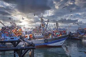 Wooden fishing boats anchored at marina in sunny day against cloudy sky photo