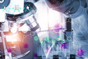 Double exposure microscope and Young woman scientific using equipment in the laboratory for research.Biotechnology,development,chemical,vaccine,COVID-19. Photo concept experimentation and research.