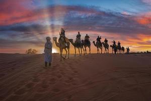 Bedouin leads caravan of camels with tourists through the sand in desert photo