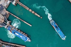 Aerial view of the Dover harbor with many ferries photo