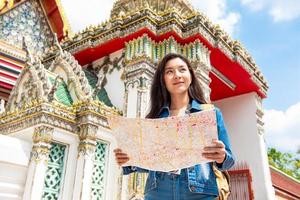 Young Asian tourist woman backpacker solo traveling in ancient Thai temple during summer vacations in Bangkok Thailand photo