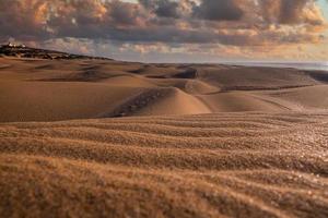 Beautiful sand dunes and dramatic sky at beach during sunset