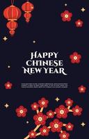 linterna de flores feliz celebración del año nuevo chino tarjeta de felicitación azul vector